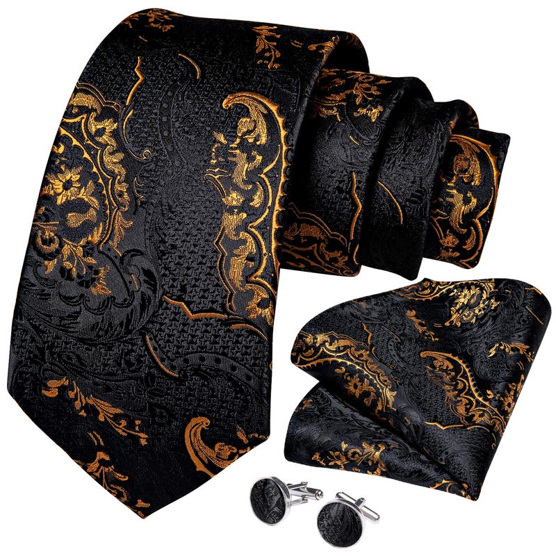 DiBanGu Mens Tie Set Silk Solid Paisley Necktie and Pocket Square Cufflinks Classic Formal Ties for Men Wedding Party, Black Gold - Image 1